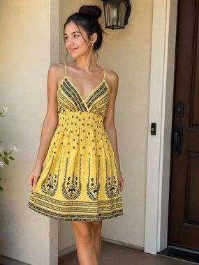 She’s Cool Women Yellow Black Boho Smocked Sundress Spaghetti Strap Size Large